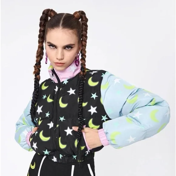 Star Moon Color-block Cropped Puffer Jacket Coat - Picture 3 of 11